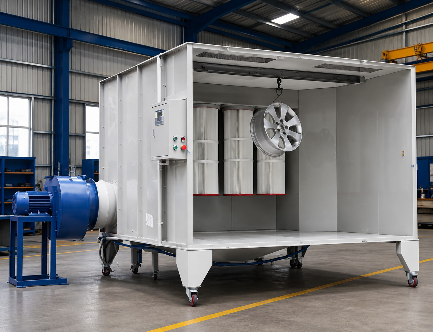 DYNOVA manual powder coating booth in an industrial facility